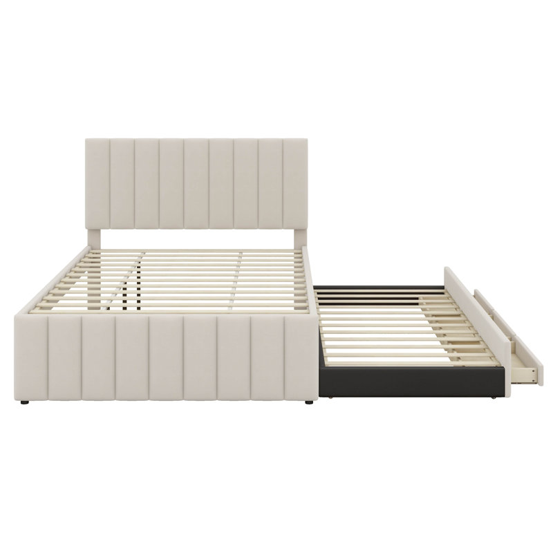 Lit double avec lit gigogne et 3 tiroirs, lit plateforme tapissier avec tête de lit en lin, Beige