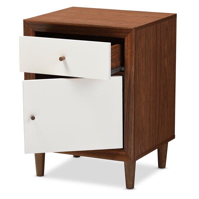 Table de chevet 1 tiroir Westphal blanc et noyer avec une armoire, H 23,75 po x l 17,55 po x P 15,6 po