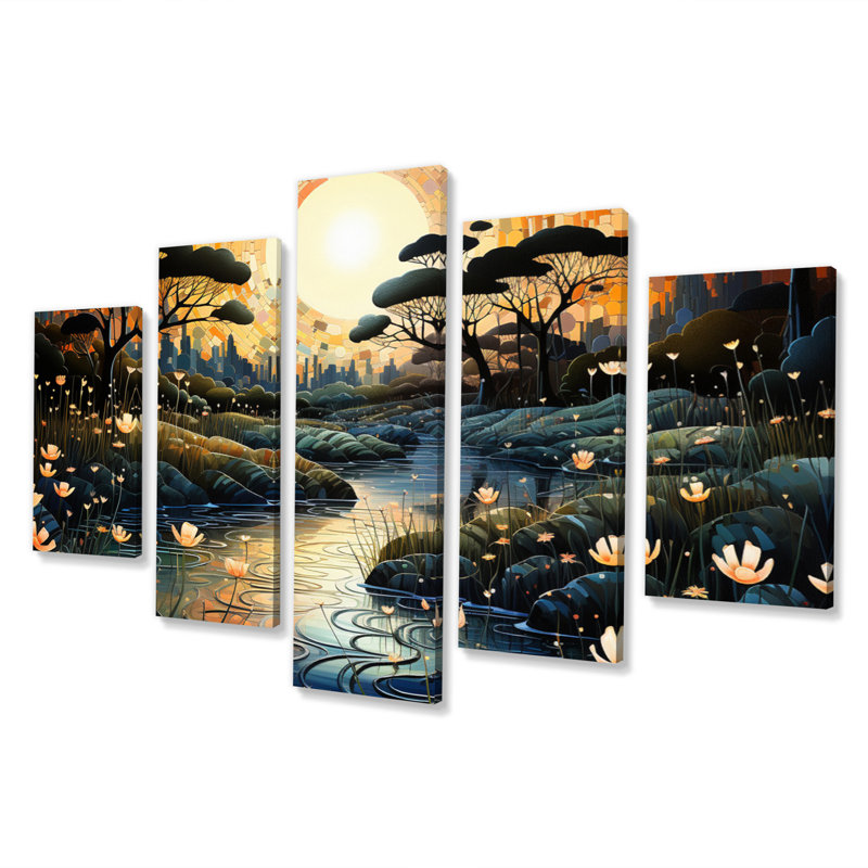 River Pointillism Charm At Night I - impression sur toile pointillisme - 5 panneaux