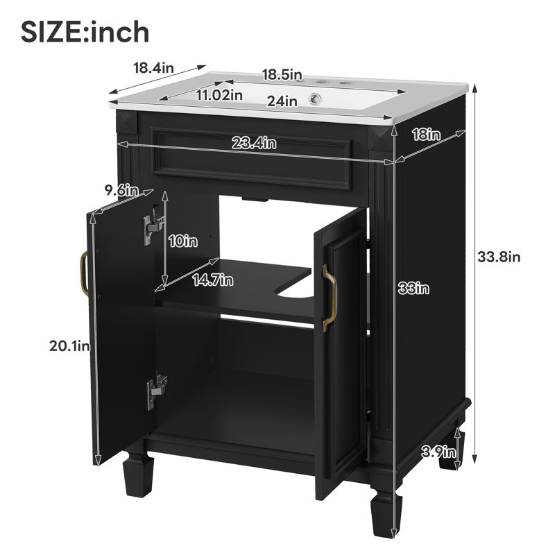 Meuble-lavabo autoportant de 24 po de largeur avec comptoir en céramique, portes à fermeture en douceur et tablette réglable