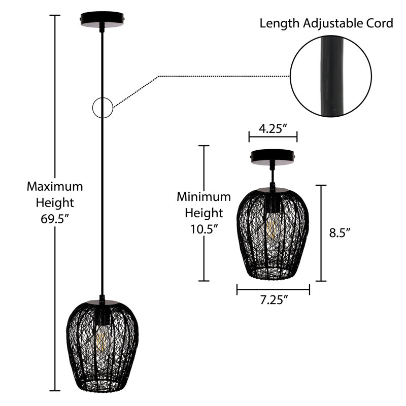 7.25"W Abdusalam 1-Light Woven Metal Caged Dome Pendant, Black