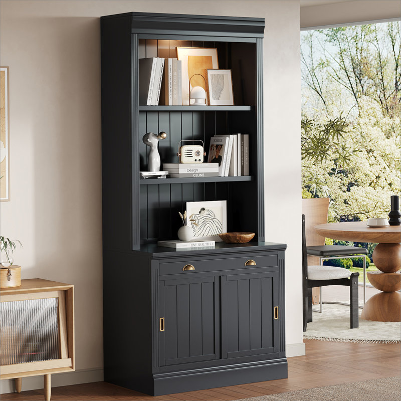 83.4"Tall Bookshelf with LED Lighting, Modern Bookcase with Sliding Doors and Open Shelves,Storage Bookshelf for Living Room,Home Office,Black