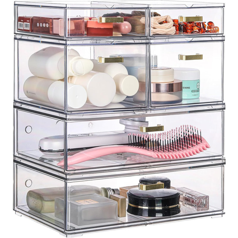 6-Pack Stackable Clear Acrylic Storage Drawers With Gold Handles, Multi-Size Organizer Bins For Makeup, Vanity, Kitchen, Bathroom, Office, Or Under-Sink Cabinets