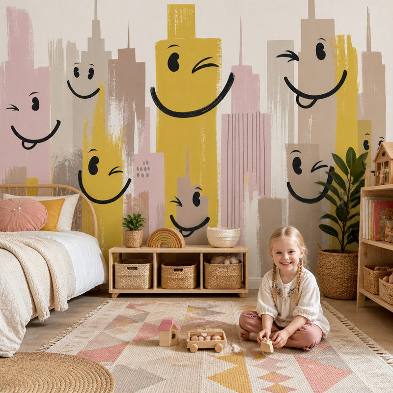 Papier peint fantaisiste Playful Cityscape, 100 po x 96 po, Peler et coller