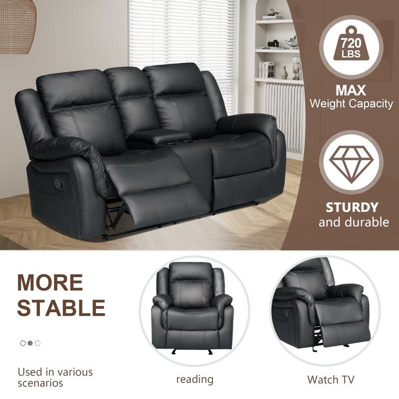 Manual Reclining Black Leather Sofa With Drop Down Table, Black