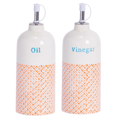 Nicola Spring 2 Piece Hand-Printed Oil & Vinegar Pourer Bottles Set - 500ml - Orange
