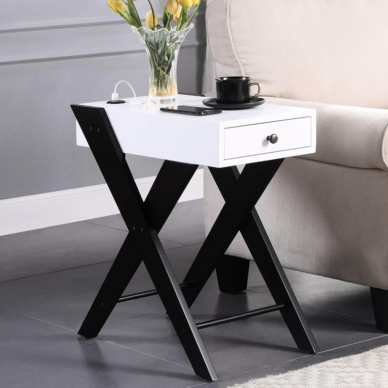 Table rectangulaire blanche et noire avec station d'alimentation, Kd, 1 tiroir, pieds, construction, largeur 22 po, profondeur 13, hauteur accent 24