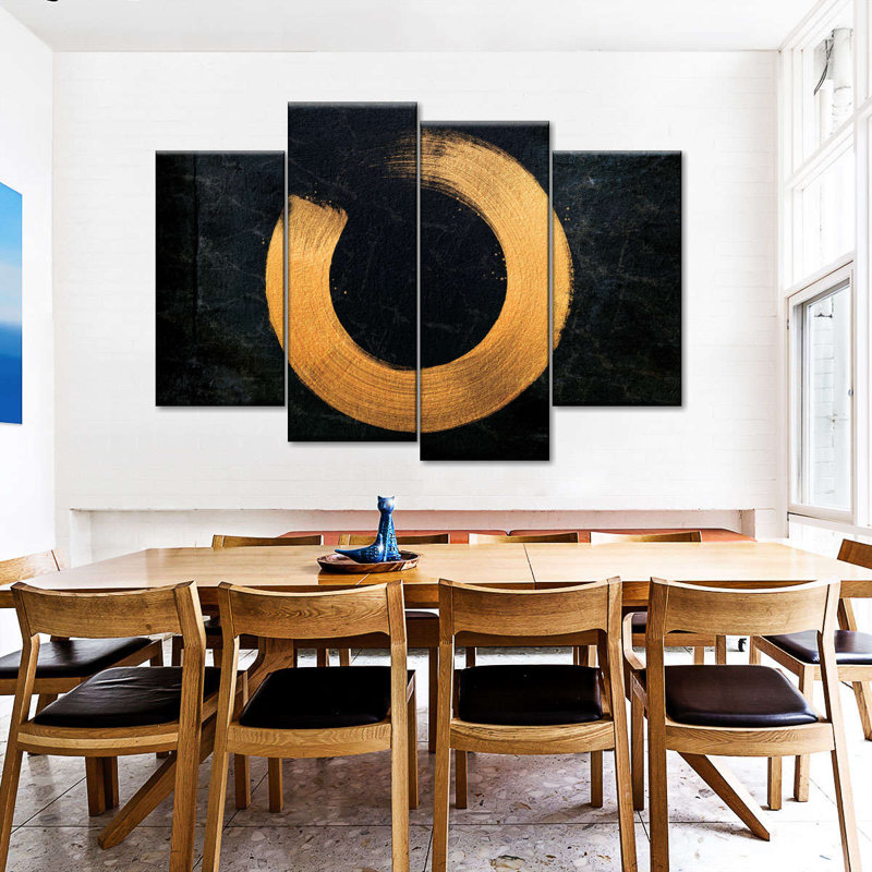«Buddhist Symbols Golden Zen Circle on Canvas», reproduction de 4 pièces, H 27 po x l 43 po x P 1 po