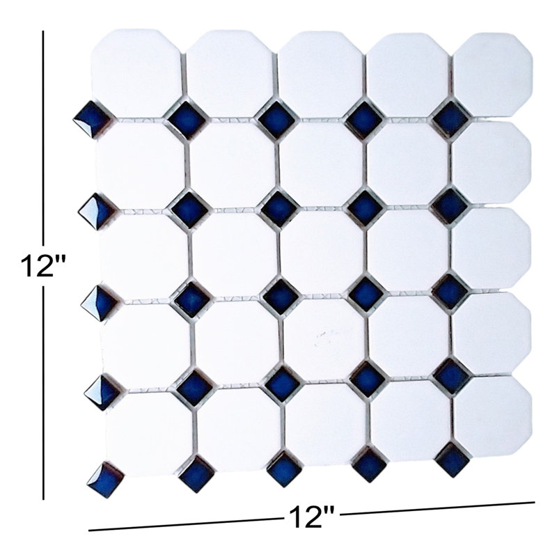 Carrelage mural en porcelaine mate octogonale blanc / bleu cobalt