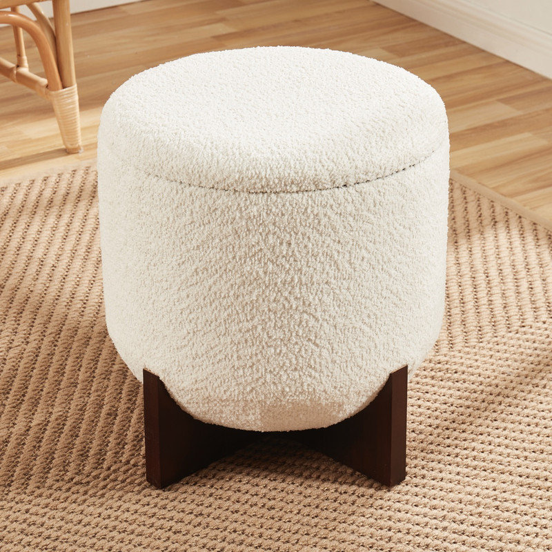 Round Boucle Storage Ottoman, Cream