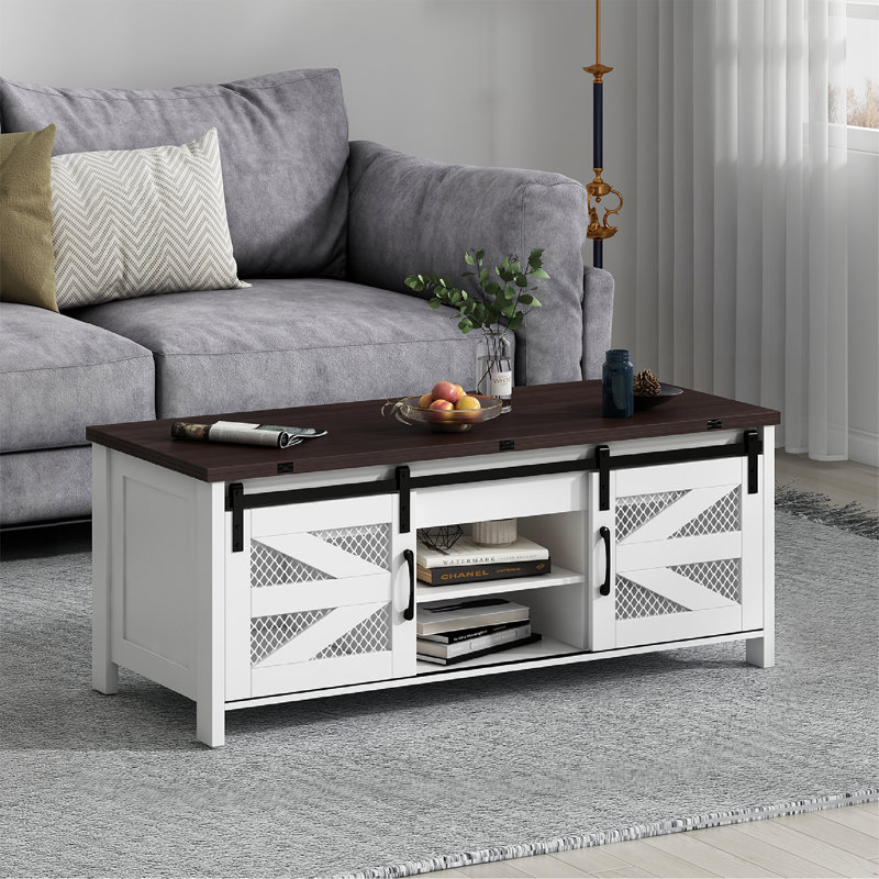 Table basse à plateau relevable avec rangement Norinue Farmhouse, Brun / Blanc