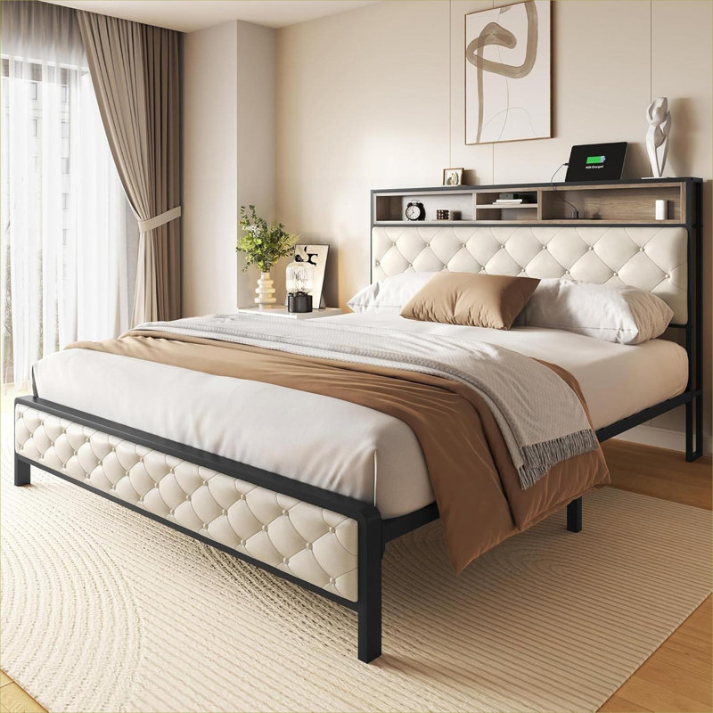 Soft beige upholstered platform bed frame, bedroom queen size bed foundation with built-in charging station and metal slat support, no box spring needed