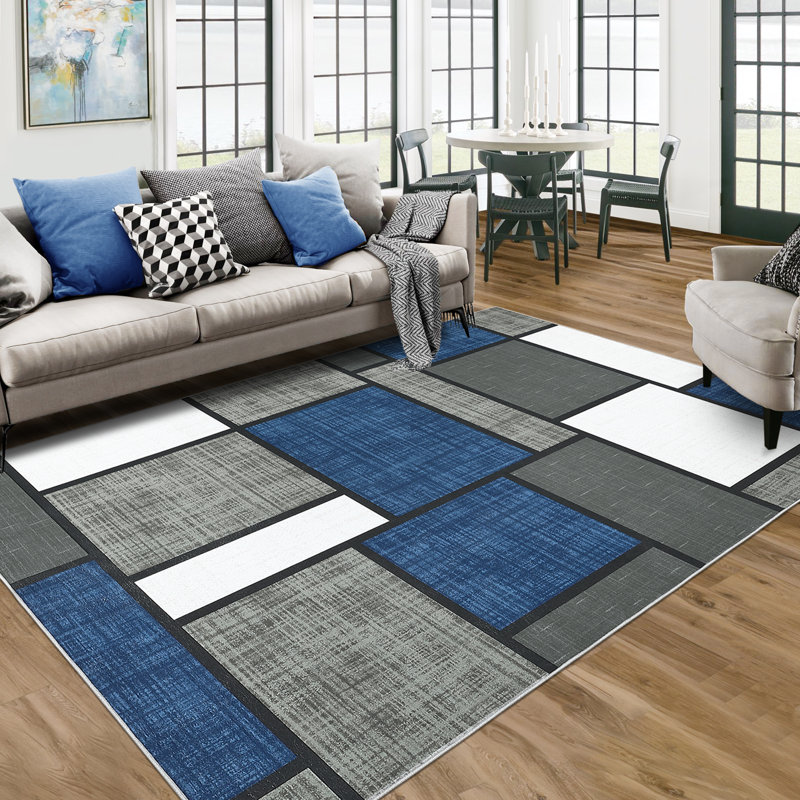 Tapis bleu foncé lavable à motif géométrique moderne, Rectangle 5 pi x 7 pi