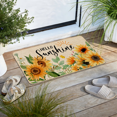 Sunflower Doormat Outdoor Outside Hello Sunshine Spring Summer Sunflower Floral Flowers Door Mat Low-Profile Non-Slip Rubber Backing Front Entrance Indoor Decoration 17x36 Inch