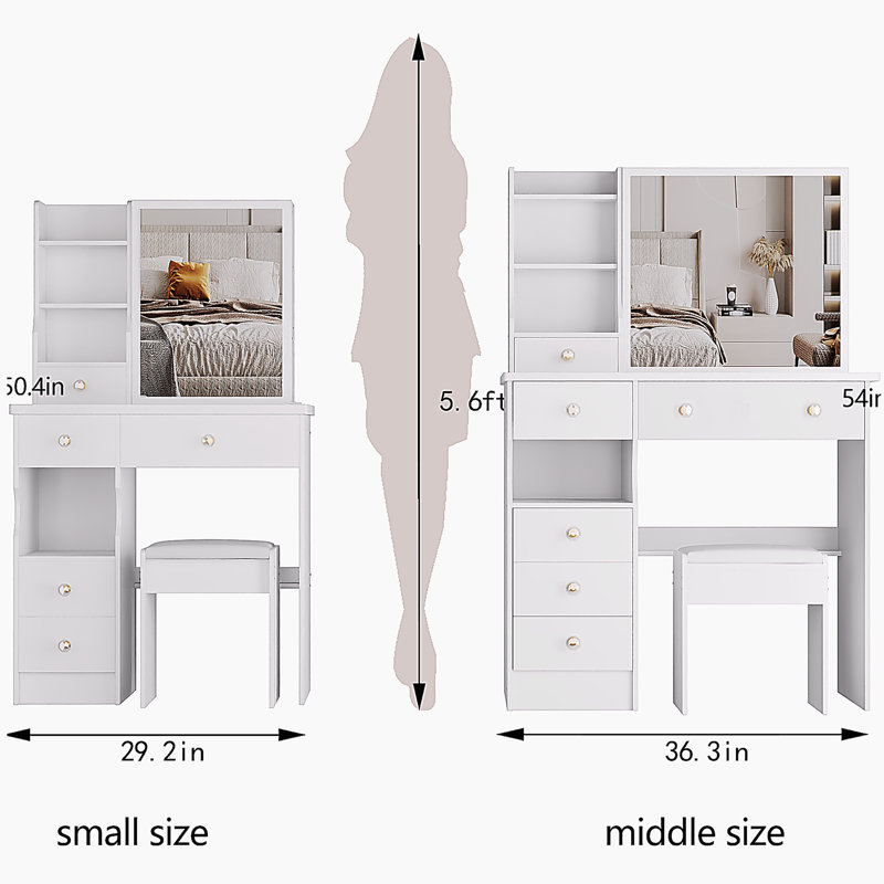 37" Middle Size Left Drawer Desktop Vanity Table + Cushioned Stool, Extra Large Right sliding mirror, Multi Layer High Capacity Storage, Practical Fashionable Dresser, Suitable For Large Space