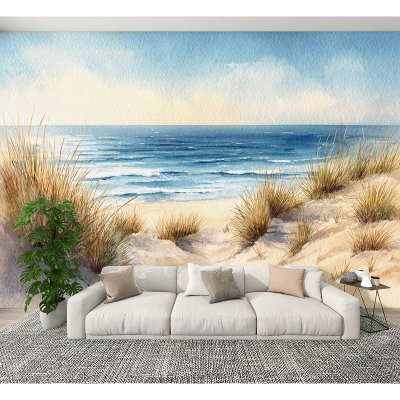 Papier peint adhésif pelez et collez Coastal Scène côtière Rolling Dunes Sea Grass Wall Murals, L 144 po x l 100 po