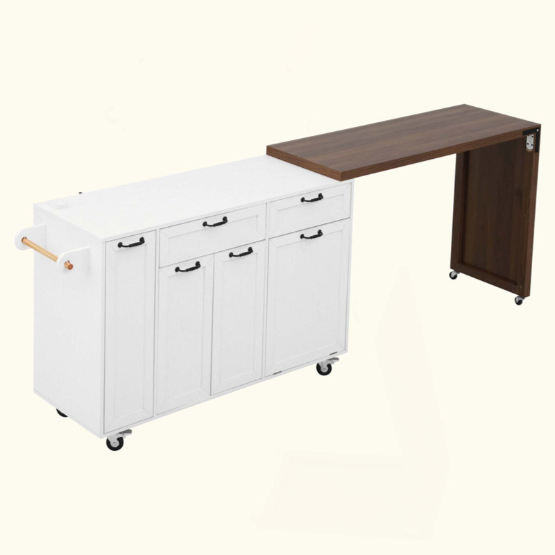 Îlot de cuisine avec table de salle à manger extensible, chariot d'îlot roulant avec armoire de rangement pour poubelles, étagère à épices coulissante à 3 niveaux, table d'îlot mobile sur roulettes pour la cuisine, la salle à manger