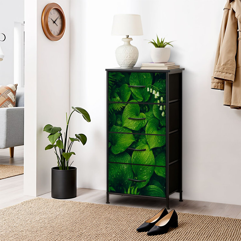 Commode pour commode de chambre à coucher pour garde-robe à feuilles vertes Commode et commode en tissu avec 4 tiroirs