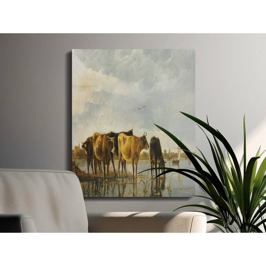 Cows in River Canvas Wall Art, Vintage Animal Painting, Gallery Wrapped Canvas, Ready to Hang, Farmhouse Decor, Archival Quality