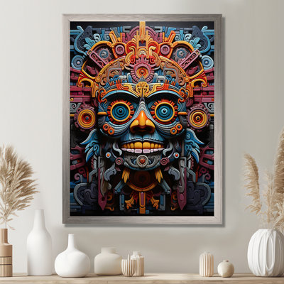 «Albali Teal Orange Mexico Vibrant Aztec Mask», art mural Mexique encadré