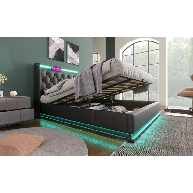 Lit tapissier très grand, fonction DEL à 360 degrés, boutons / applications / télécommande, lit de rangement hydraulique avec chargement USB Type-C, noir, polyuréthane (sans matelas)