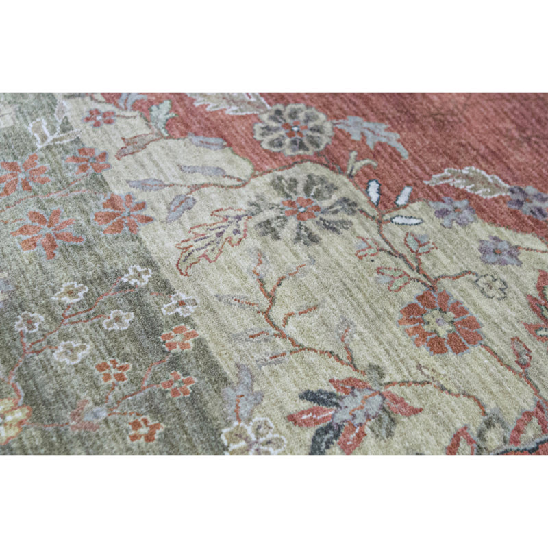 Tapis vert rouille et olive noué à la main de haute qualité