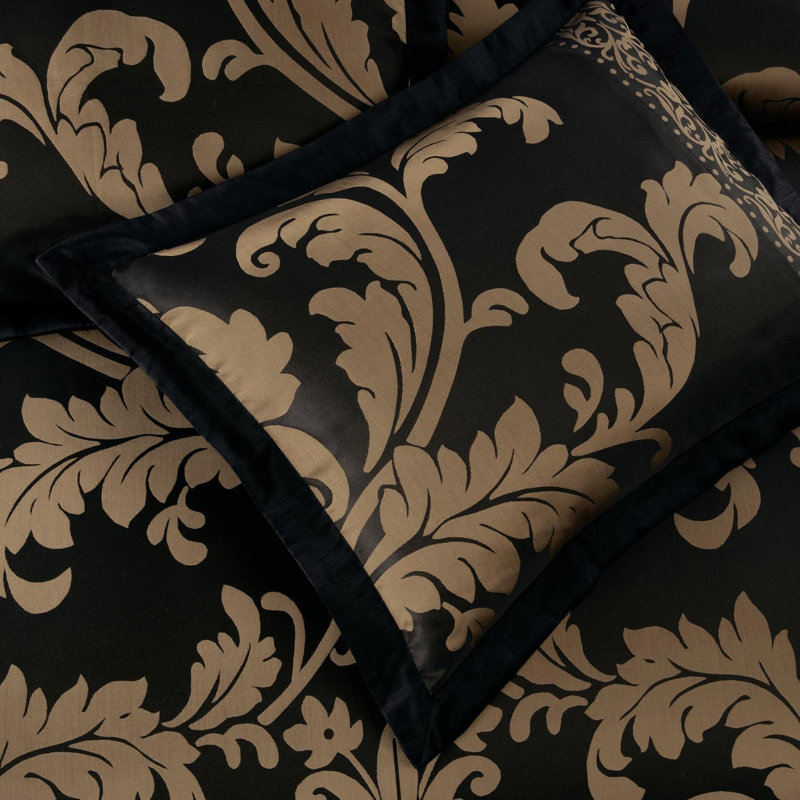 Valor 7-Piece Bed in a Bag Jacquard Floral Comforter Set with Sheets, King Comforter + 4 Additional Pieces, Black/Gold