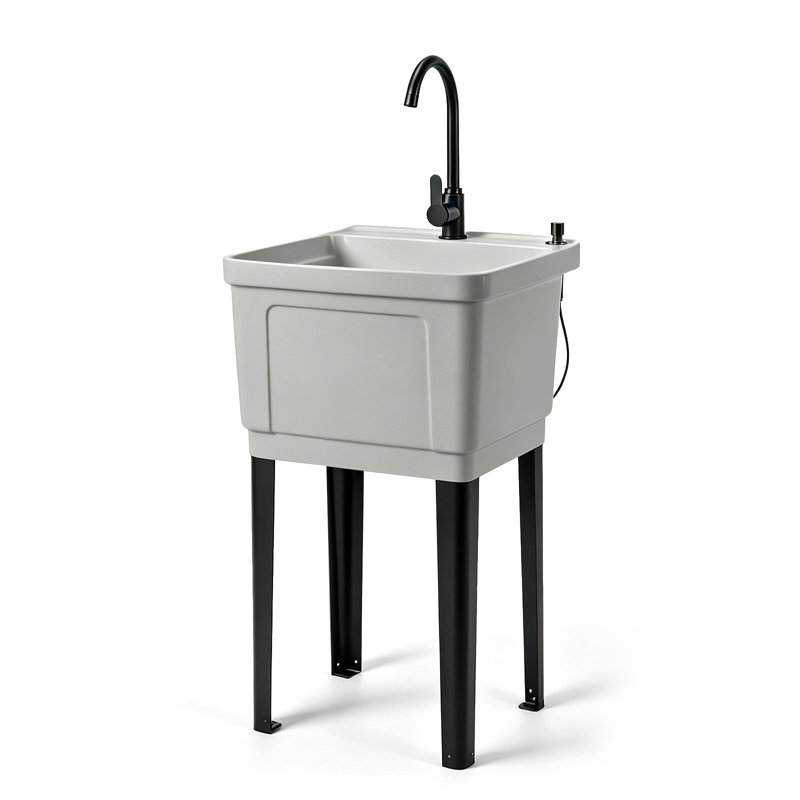 Évier utilitaire autoportant en plastique avec robinet en acier inoxydable, Grey