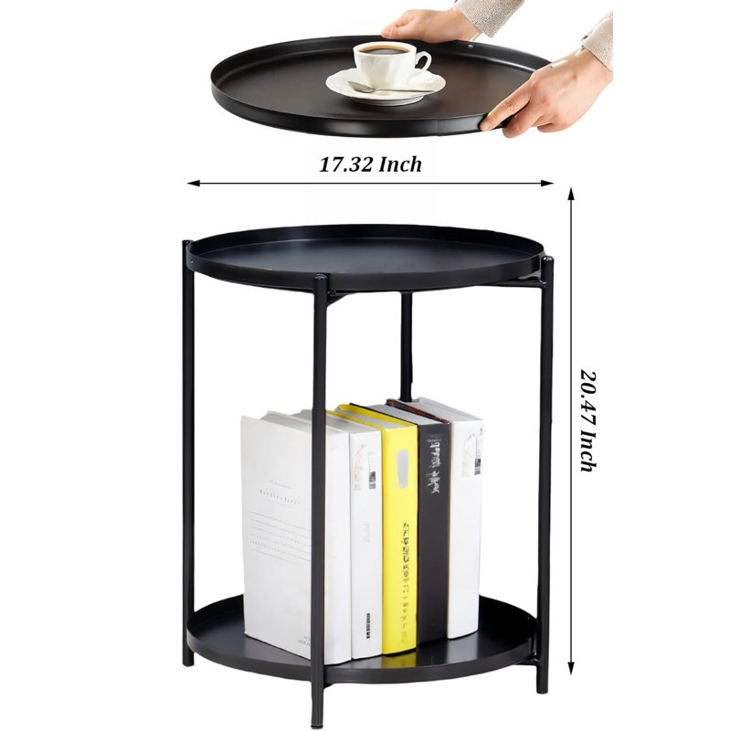 2-tier Metal Coffee Didonato Sofa Side With Removable Table Round Anti-rust Tray Black, Black