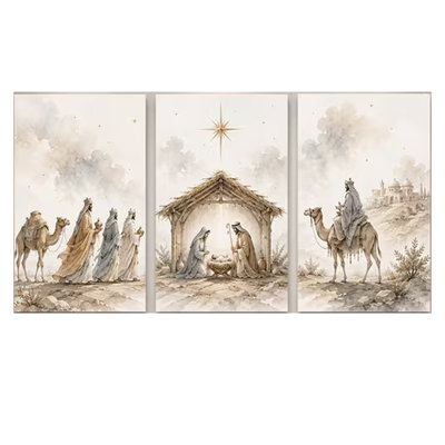 2D Flat 3pc Wood Frame Canvas Wall Art – Three wise men journey to baby Jesus in a manger with star above perfect for aesthetic wall decoration in living rooms.