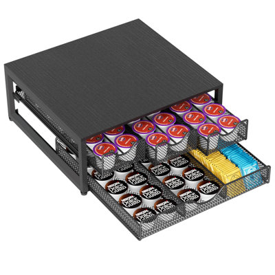 Coffee Pod Holder For Counter, 3 Pull-Out 72 K-Cup Holder Drawer, Wooden Cafe Pods Storage Organizer With Sliding Drawers For Coffee Station, Home, Kitchen, Office, Dorm, Black