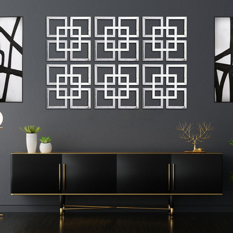 Geometric Mirrored Wall Art for Living Room, 40x40cm Modern Home Decor Wall Mounted White & Clear Glass Mirror Art for Hallway & Bedroom