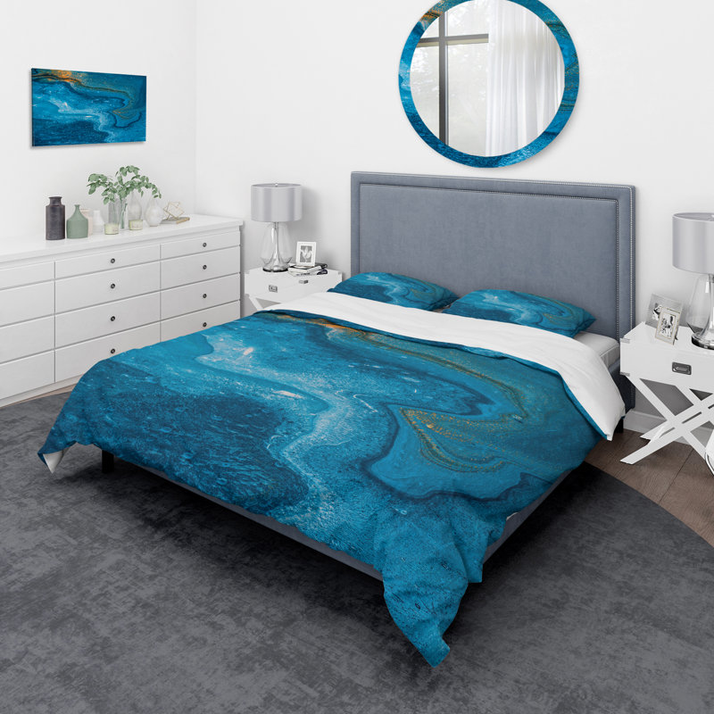 Abstract Marble Composition In Blue II - Modern Duvet Cover Set - Microfiber Polyester, Twin Duvet Cover + 1 Standard Sham