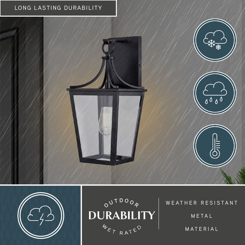 Wayna 16 in. H 1-Light Matte Black Transitional Outdoor Wall Sconce made of Durable Metal, Clear Glass Shade, LED Compatible, Use for Exterior Porch Patio Front Door or Garage