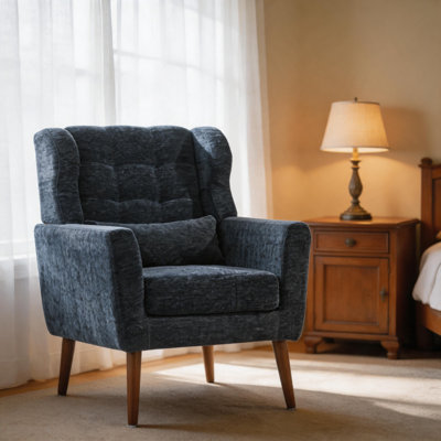 Fauteuil d'appoint moderne en chenille, chaise longue rembourrée en mousse haute densité avec coussin de taille, chaise ergonomique rembourrée en bois massif pour le bureau de la chambre à coucher du salon