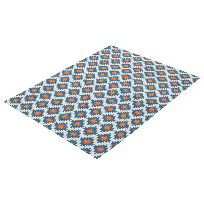 Tapis bleu / orange en laine tissé à plat à la main New Ashford