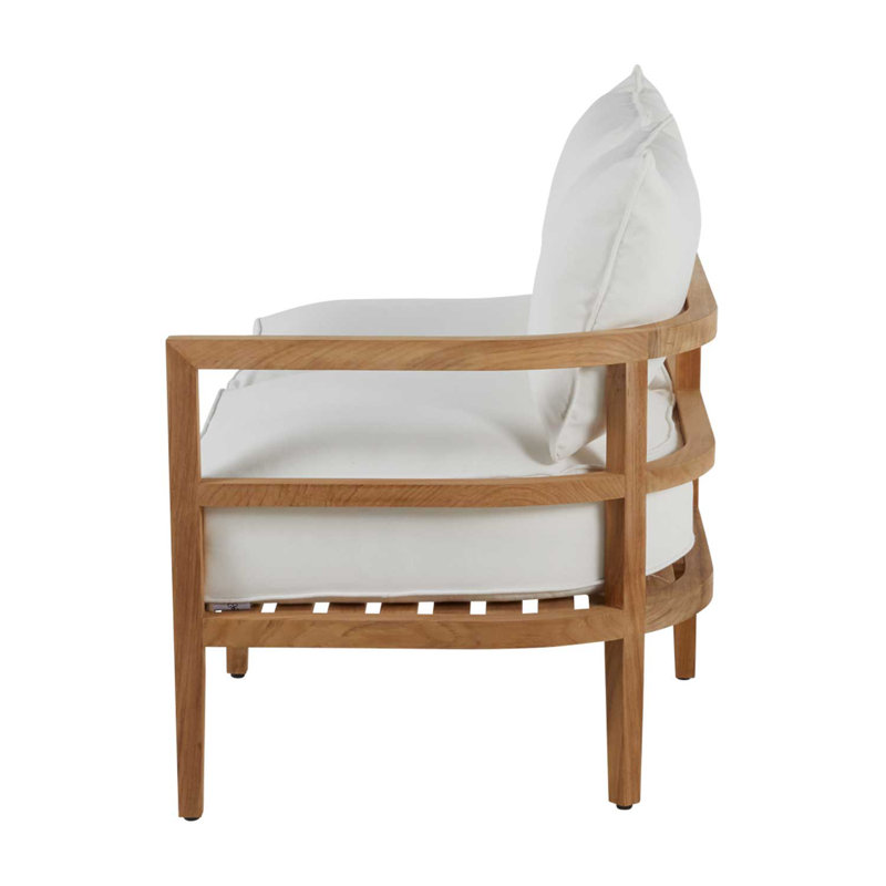 Santa Barbara 57.5" Wide Outdoor Teak Loveseat with Cushions, Rollo Lace InsideOut® Linen, Welt + Standard fill, Natural Teak