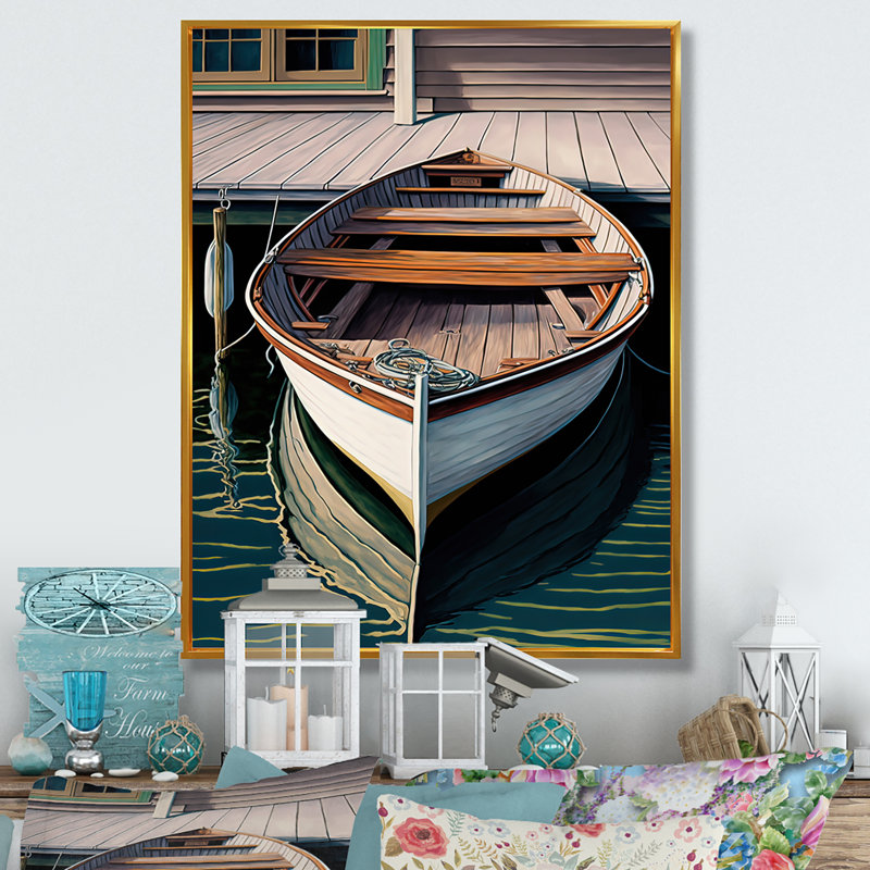 Docked Boat I - reproduction sur toile, H 32 po x l 16 po x P 1 po, Toile avec cadre flottant or