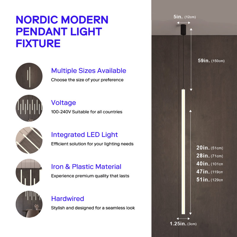 Luminaire suspendu moderne nordique, H 20 po x l 1,2 po x P 1,2 po