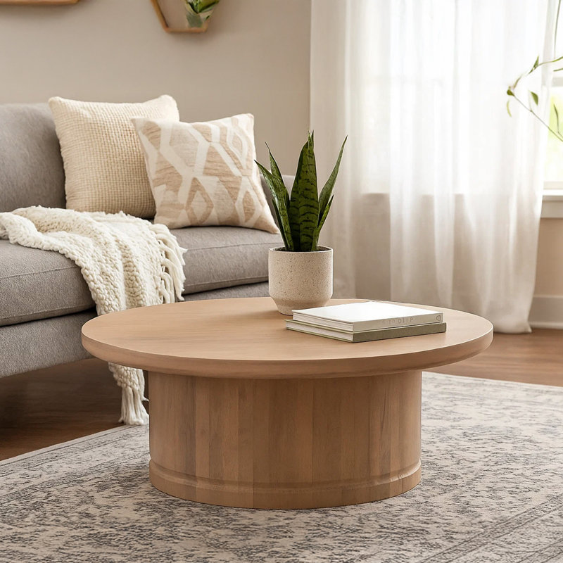 Table basse Bela | Plateau rond de 47 po | Piédestal en bois de manguier beige fabriqué à la main