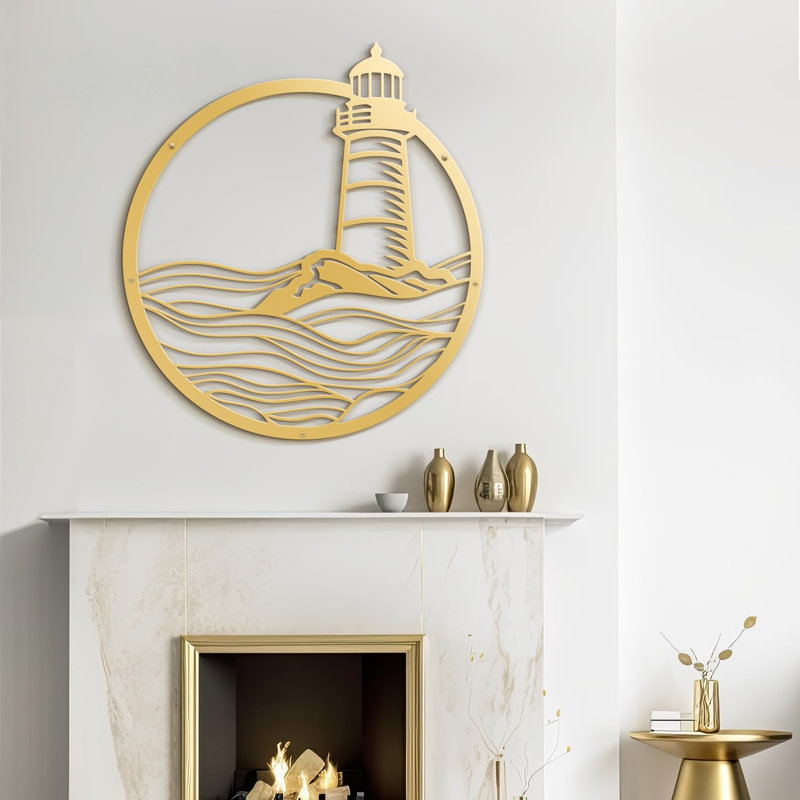 Sea Lighthouse Minimalist Modern Abstract Wall Accent Sculpture Hanging Decoration Metal Wall Decor, Gold