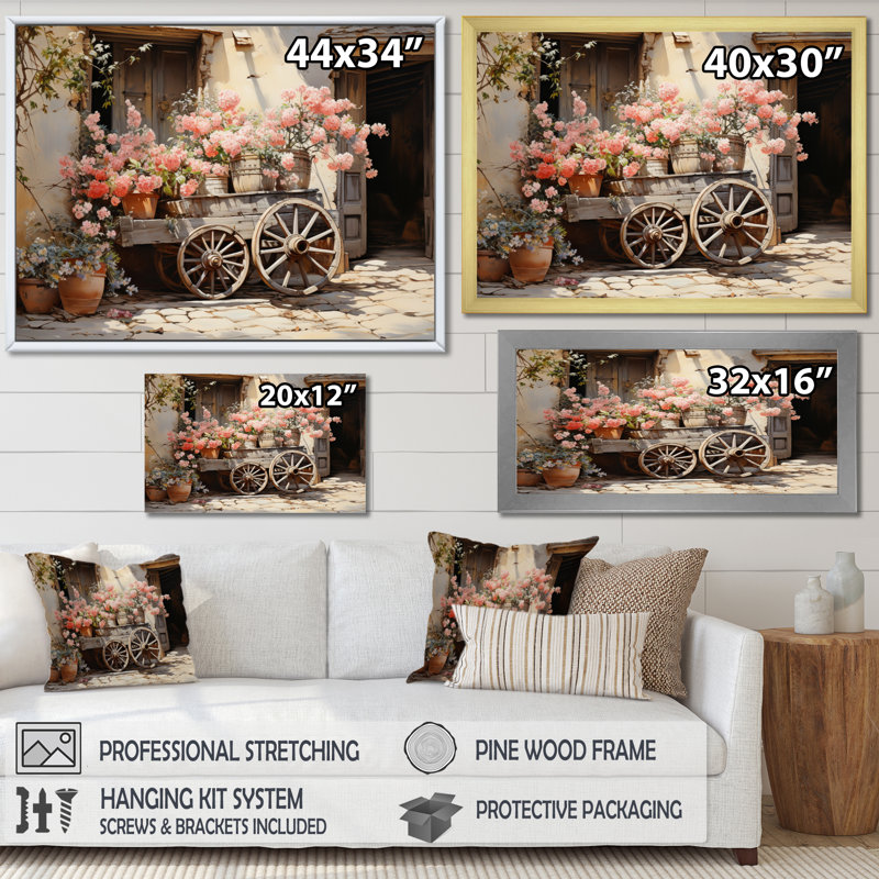 Vieille roue de chariot rose sur toile, Toile tendue, H 24 po x l 32 po x P 1 po