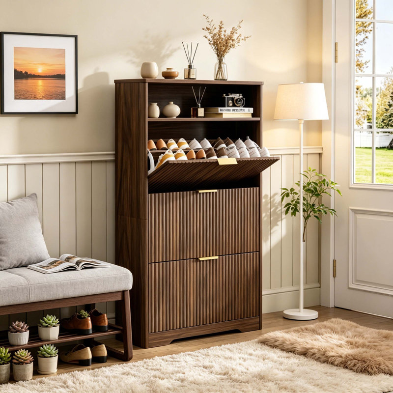 54.4" Tall Narrow 3-Flip Drawer Entryway Shoe Cabinet with Open Top Shelf, Hidden Tilt-Out Shoe Storage Organizer, Walnut