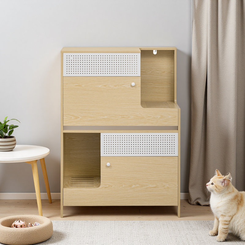 Enceinte de litière pour chat 2 en 1, meuble de litière caché avec rangement, table de bout pour salle de bain à 2 niveaux pour 2 petits chats de taille moyenne, naturel