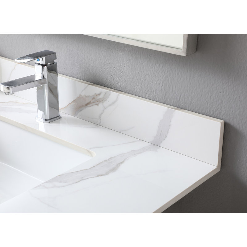Dessus de meuble-lavabo de 37 po en pierre frittée dorée, avec lavabo sous-comptoir rectangulaire en céramique et trou de robinet - option à la mode caractéristique de pierre de 37 pouces, touche moderne