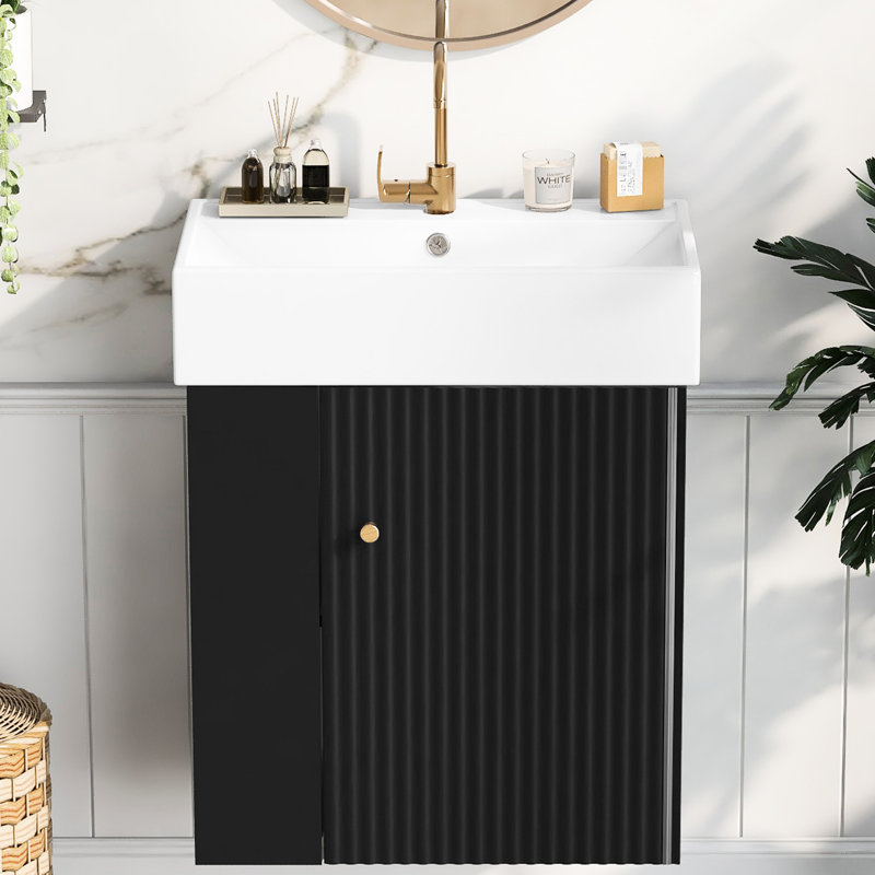 Armoire de salle de bain flottante noire - lavabo en céramique de 21,6 po, rangement à gauche, meuble-lavabo moderne 21,6 po avec lavabo