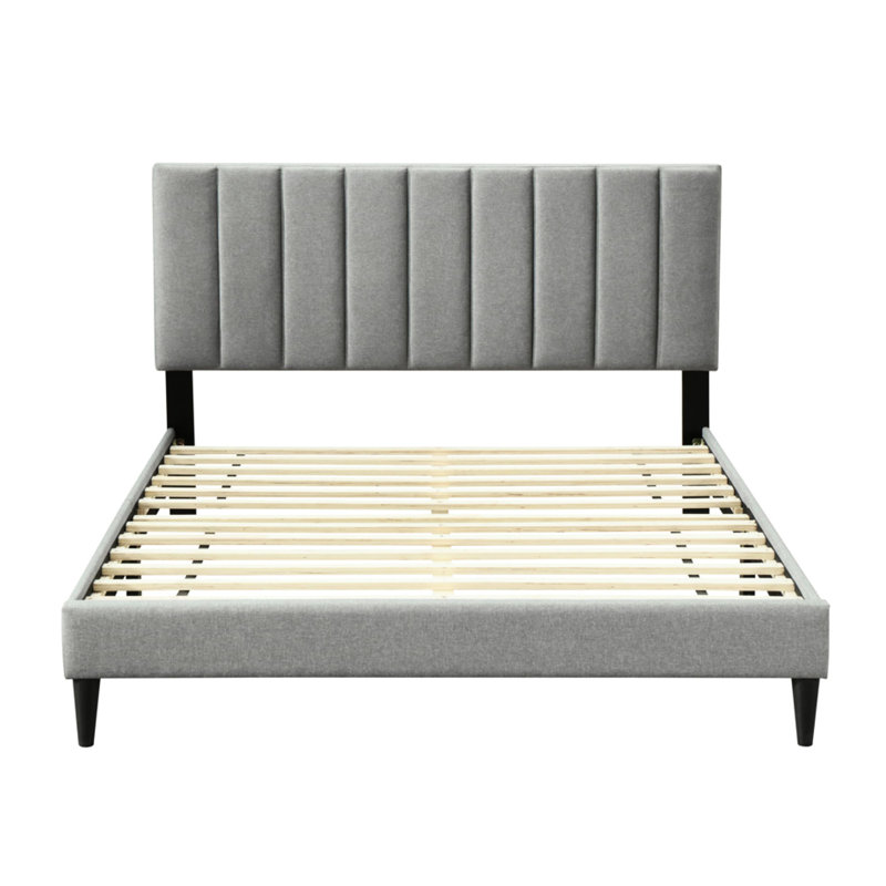 Grand lit encastré dans une boîte, tête de lit en tissu gris, P 82,58 po x l 64 po, H 42,5 po, boîte de 72 livres avec circulation, 62,38 po