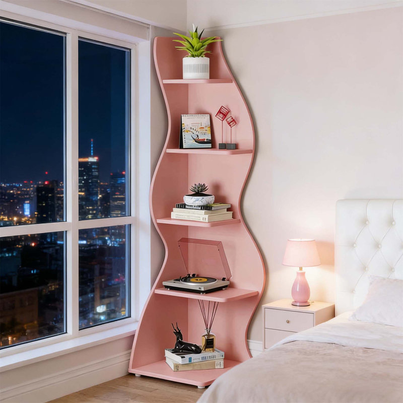 Elegant Bookcase,Spacious Wall Corner Bookshelf, Pink