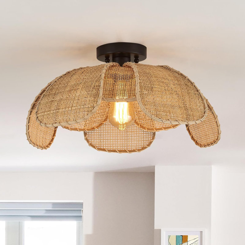 22" Natural Rattan Flush Mount Ceiling Light Fixture， Hemp Rope Wicker Hand-Woven Boho Chandelier With Flower Lampshade For Porch Patio Hallway Bedroom Living Room Kitchen Island