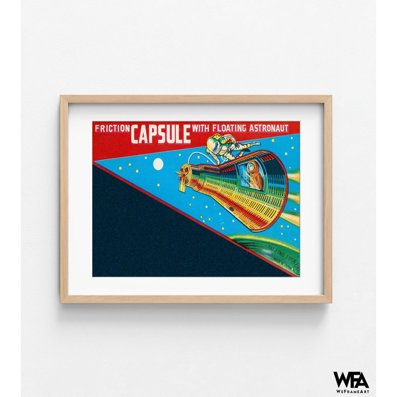 Friction capsule avec astronaute flottant par Retrorocket, décor de salle de jeu rétro amusant, affiche amusante, lune rétro